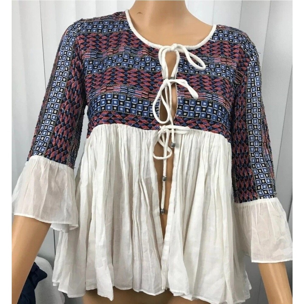 NWOT ZARA ECRU EMBROIDERED BOHO JACKET CARDIGAN WOME LARGE AZTEC ETHNIC FLOWING